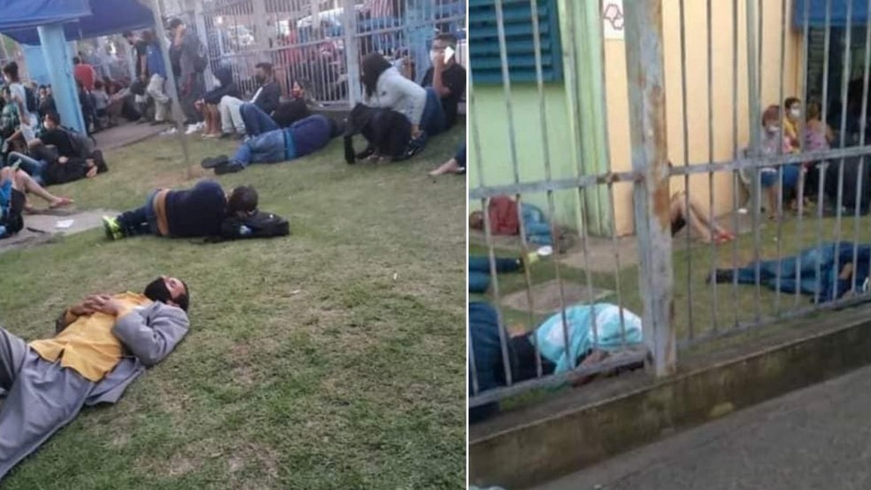 Pacientes aguardam atendimento deitados em gramado de UPA em Guarulhos