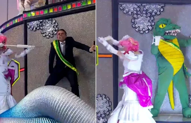 Bolsonaro vira jacaré após tomar vacina em desfile das Rosas de Ouro em SP