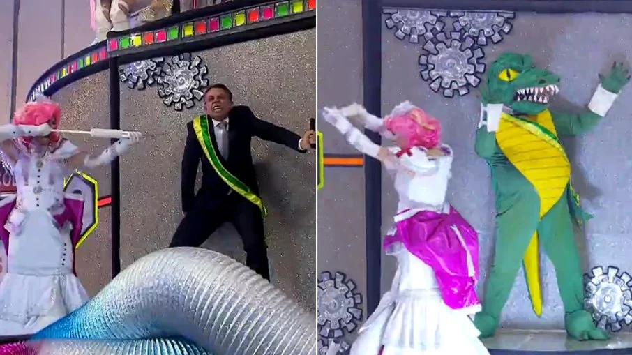 Bolsonaro vira jacaré após tomar vacina em desfile das Rosas de Ouro em SP