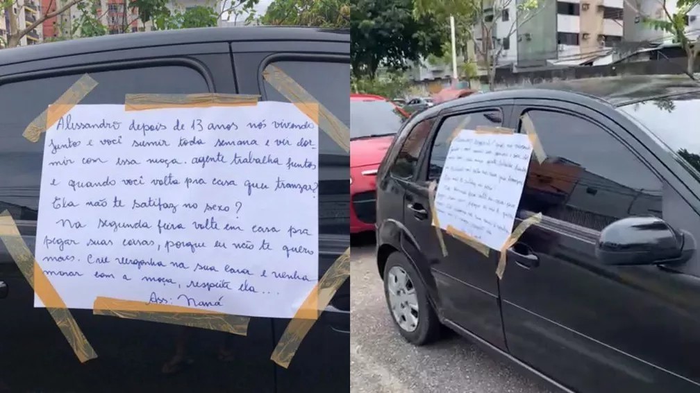 Mulher descobre traição e cola cartaz de término no carro do companheiro: ‘crie vergonha na cara’