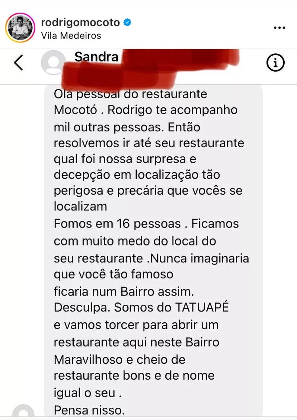 Chef de cozinha do ‘Mocotó’ rebate crítica de cliente sobre localização de restaurante na Zona Norte de SP e post viraliza