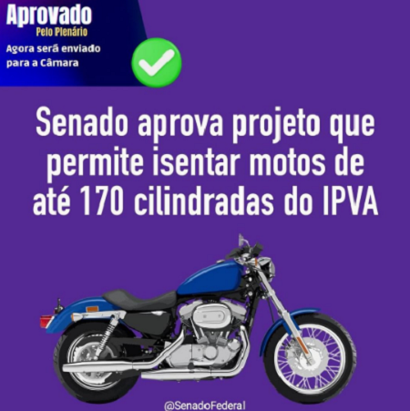 Senado autoriza IPVA zero para motos de até 170 cilindradas