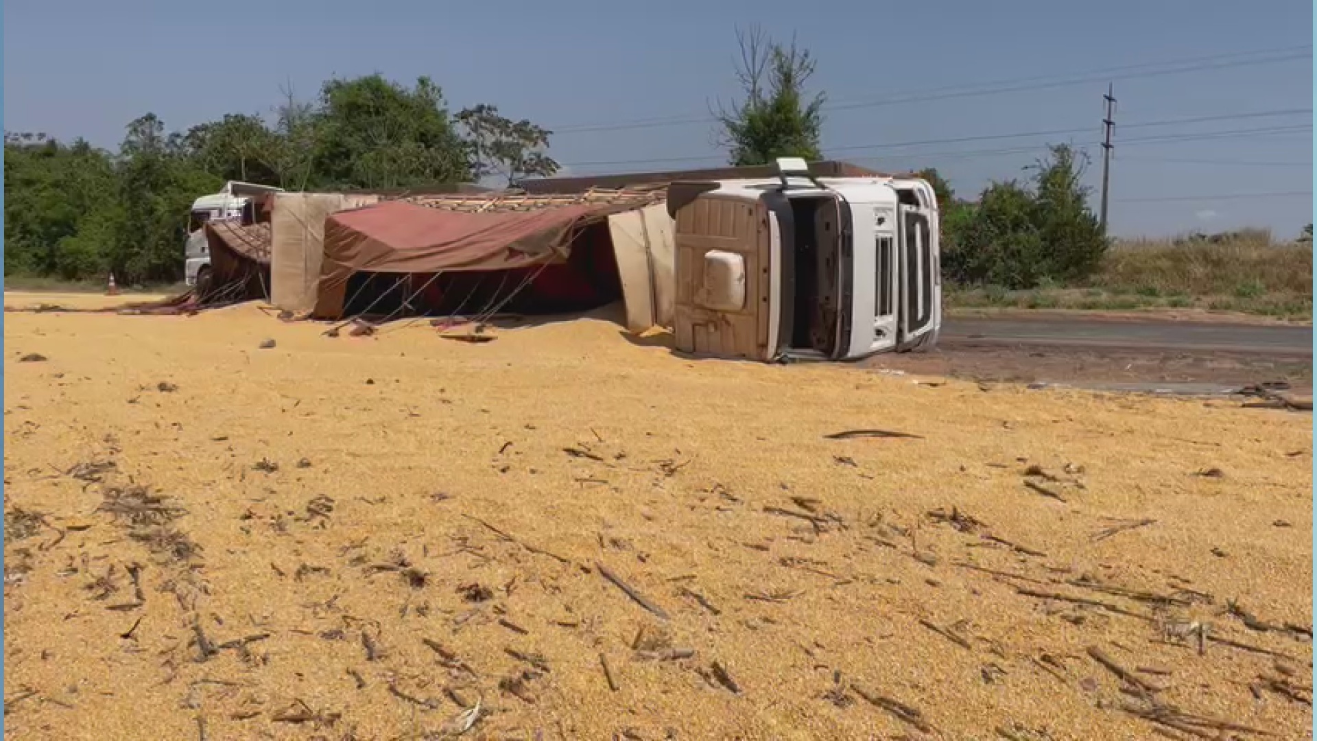 Carreta carregada com milho tomba na BR-163 em Sinop