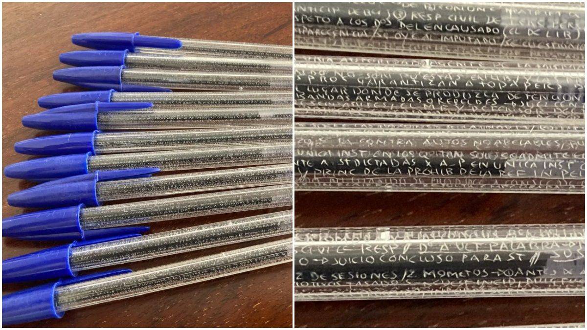 Aluno escreve cola microscópica em canetas, é pego e professora compartilha ‘arte’ nas redes