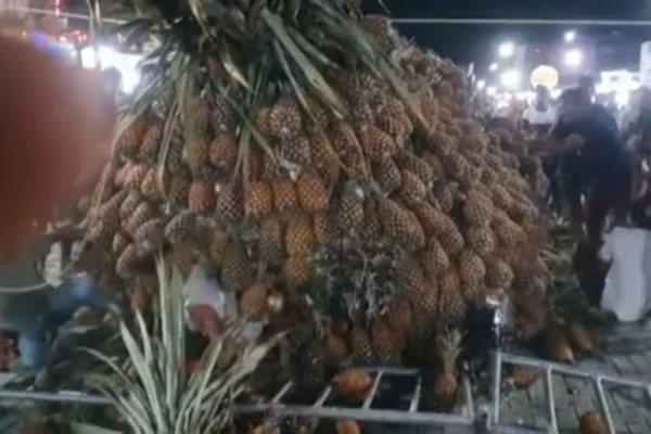 Escultura de abacaxi gigante desaba sobre público durante festa em Pombos