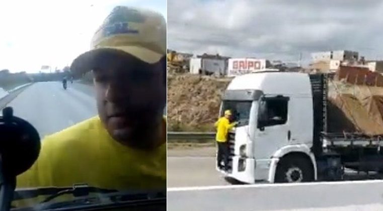 Manifestante viraliza ao se pendurar em caminhão para impedir passagem
