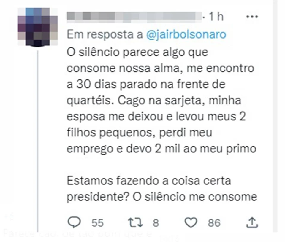 Acampados, “patriotas” tuítam para Bolsonaro: “Perdi emprego e mulher”