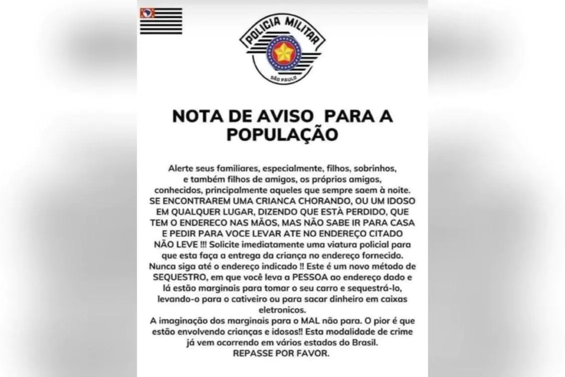 Mensagem sobre sequestro que circula em BH, é falsa, mas oferece dica valiosa