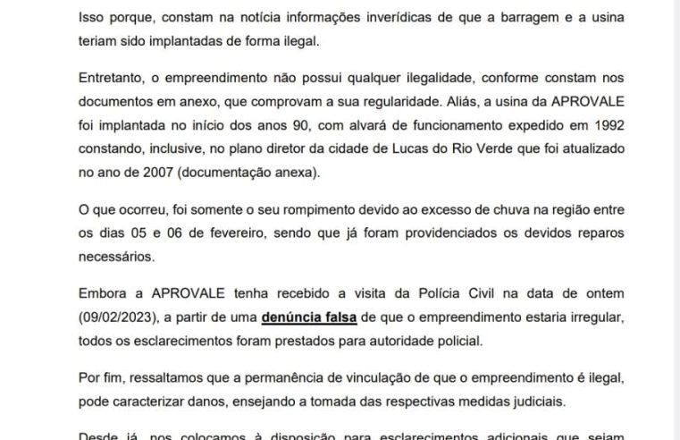 Barragem de usina rompe em fazenda de Lucas do Rio Verde