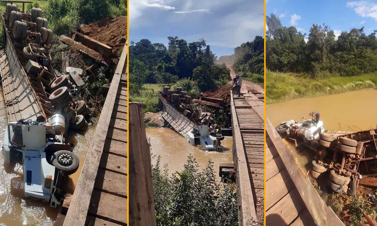 Carreta carregada com 40 mil quilos de soja cai em rio na MT-325