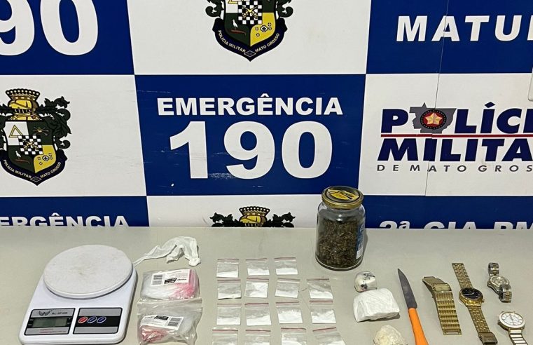Em Matupá, Policia Militar prende suspeito por tráfico de drogas, Organização Criminosa, Receptação, Posse ou Porte Ilegal de Munição de Uso Restrito.