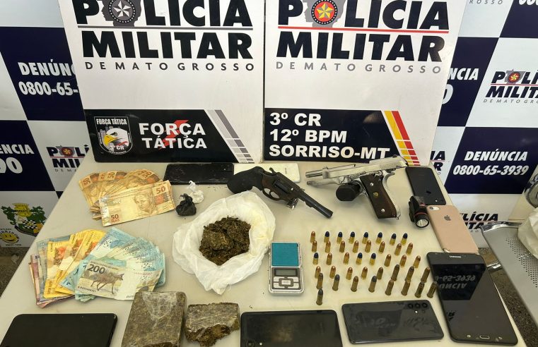 PM prende três pessoas e apreende armas e drogas em repressão a homicídio ocorrido em Sorriso