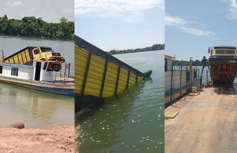 Carlinda: caminhão boiadeiro cai de balsa no rio Teles Pires