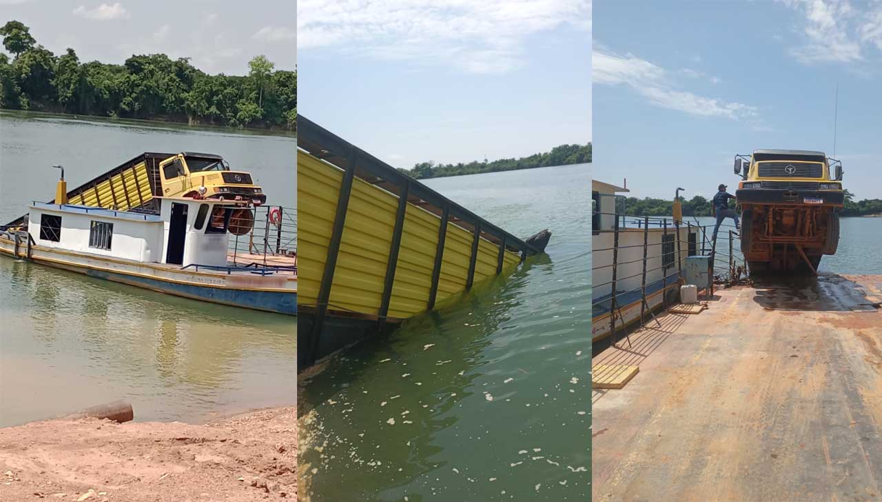 Carlinda: caminhão boiadeiro cai de balsa no rio Teles Pires