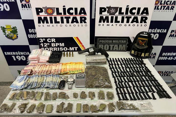 Polícia Militar prende três pessoas e apreende arma de fogo e drogas em Sorriso
