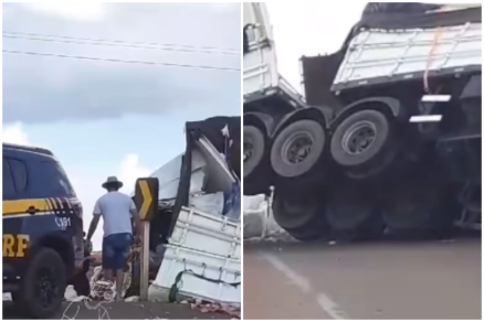 Acidente entre duas carretas deixa feridos e trava a BR-163