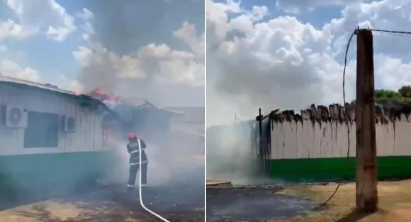 Escola municipal pega fogo e aluno precisa de atendimento médico